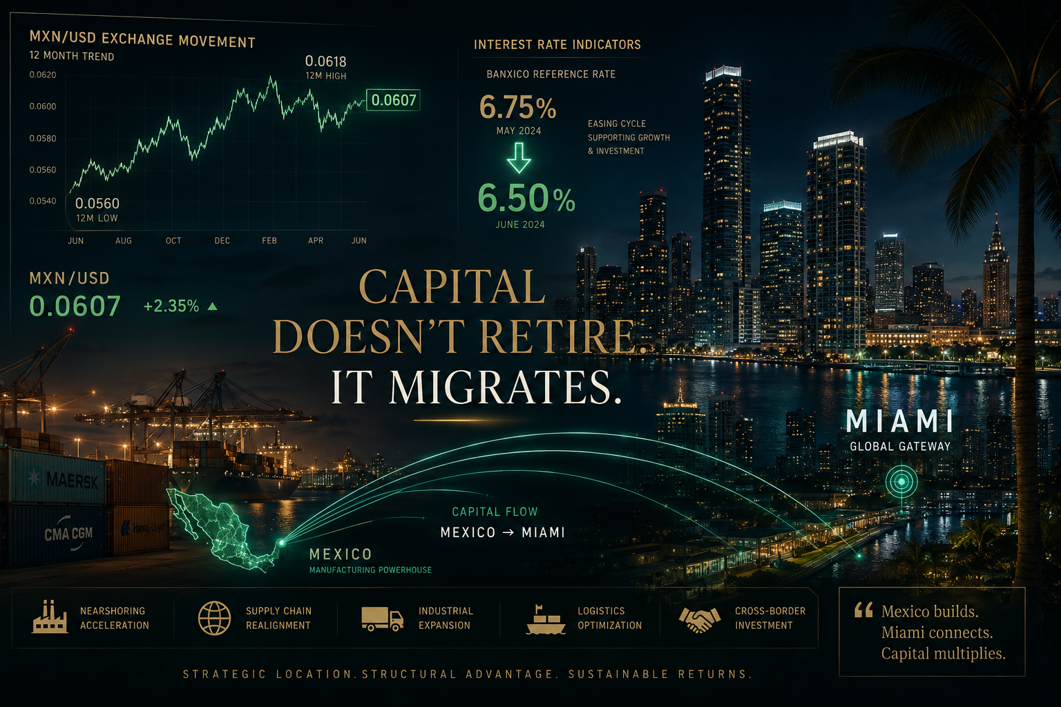 Miami Capital Migration Amid MXN & Rate Shifts Cinematic Miami skyline with MXN USD exchange charts, Banxico interest rate cuts, and Mexico-to-Miami capital flow graphics.
