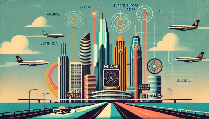Mid-century illustration of Miami skyline as a global financial control tower with capital flows from Latin America to international markets