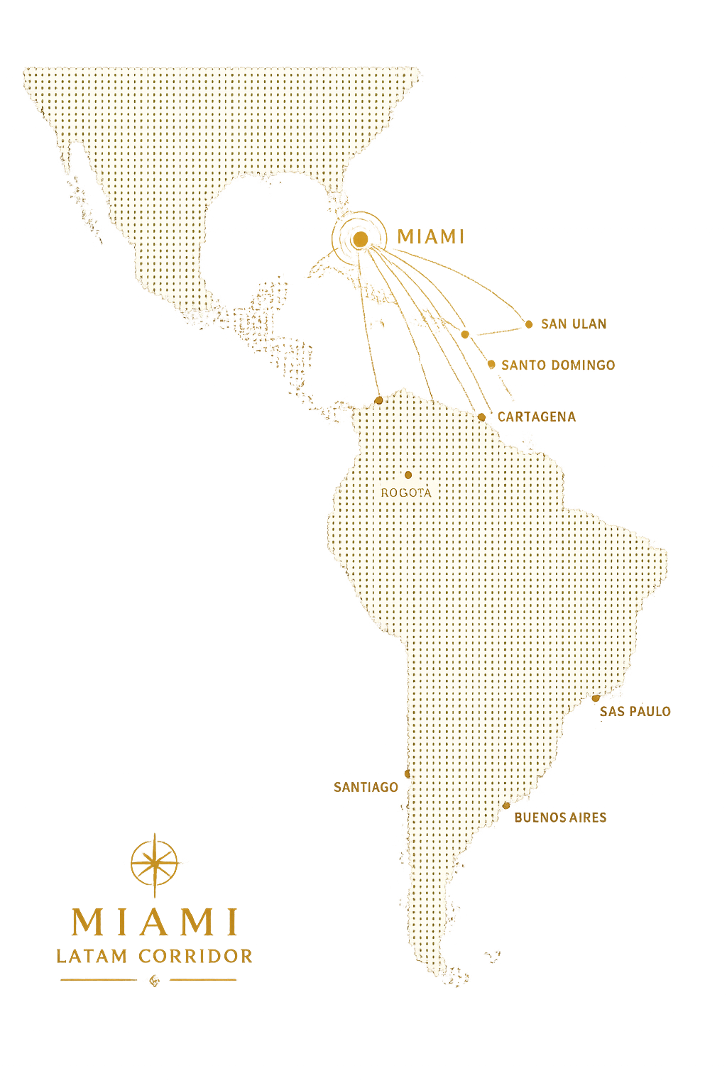 Minimalist gold-tone dotted map of North and South America highlighting the Miami–LATAM corridor with connection lines extending from Miami to major Latin American cities on a soft cream background.