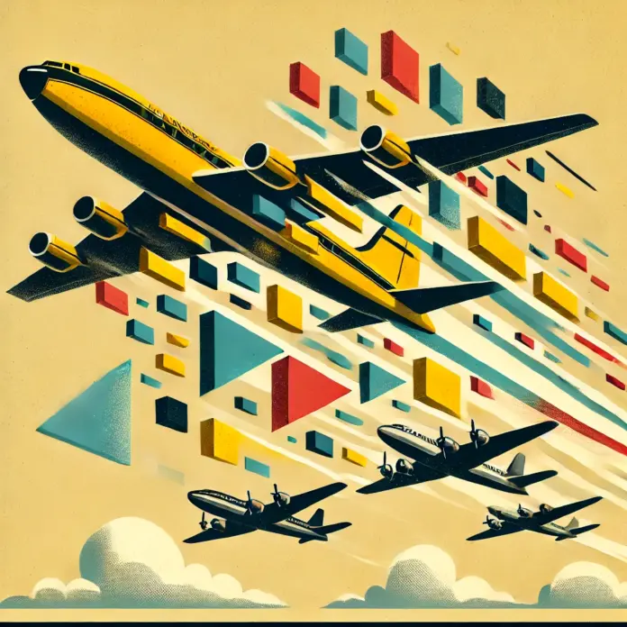 Mid-century style illustration of a yellow airplane breaking into geometric pieces being absorbed by larger dark aircraft, symbolizing market consolidation