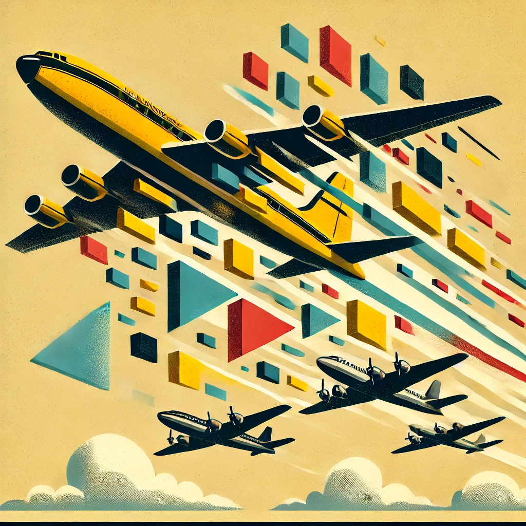 Mid-century style illustration of a yellow airplane breaking into geometric pieces being absorbed by larger dark aircraft, symbolizing market consolidation