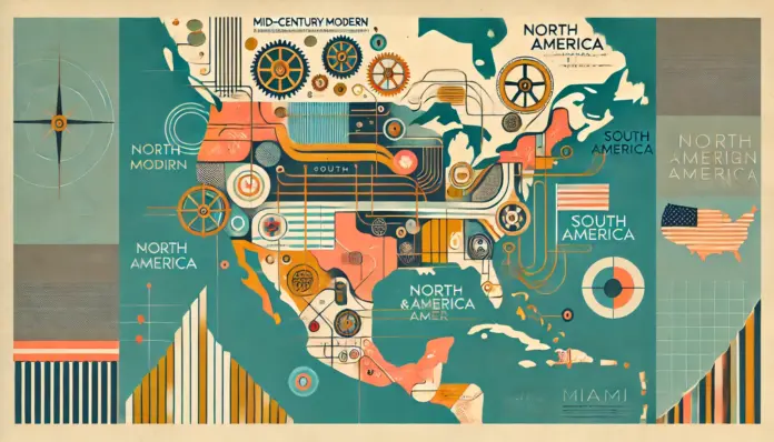 Stylized mid-century modern map of North and South America with golden industrial gears and Miami-inspired colors
