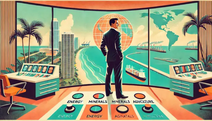 Mid-century style illustration of a businessman in a Miami high-rise office overlooking a tropical Latin American landscape and global trade map, with control levers labeled energy, minerals, and agriculture.