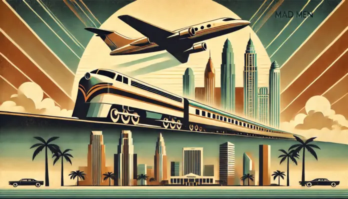mid century modern illustration of a luxury train and private jet over a tropical skyline with palm trees in gold and teal tones