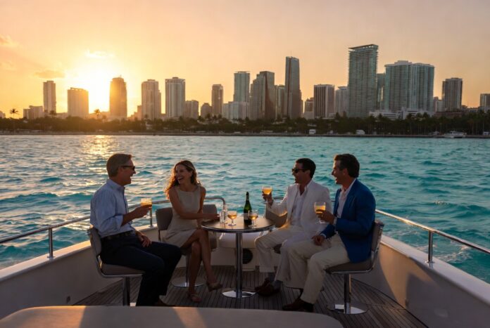 New AI billionaires and tech financiers enjoying cocktails on a luxury yacht near Brickell Key, Miami at sunset, representing the sophisticated lifestyle and success in the AI infrastructure economy