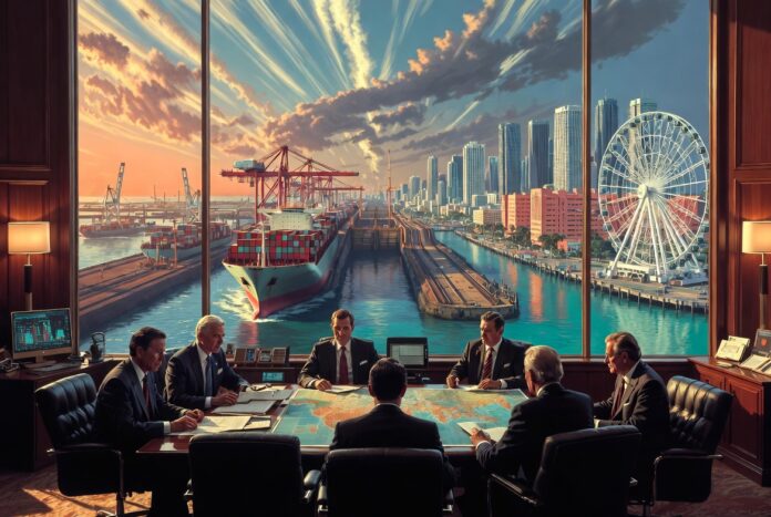 Executives monitoring Panama Canal shipping activity connected to Miami’s financial corridor.