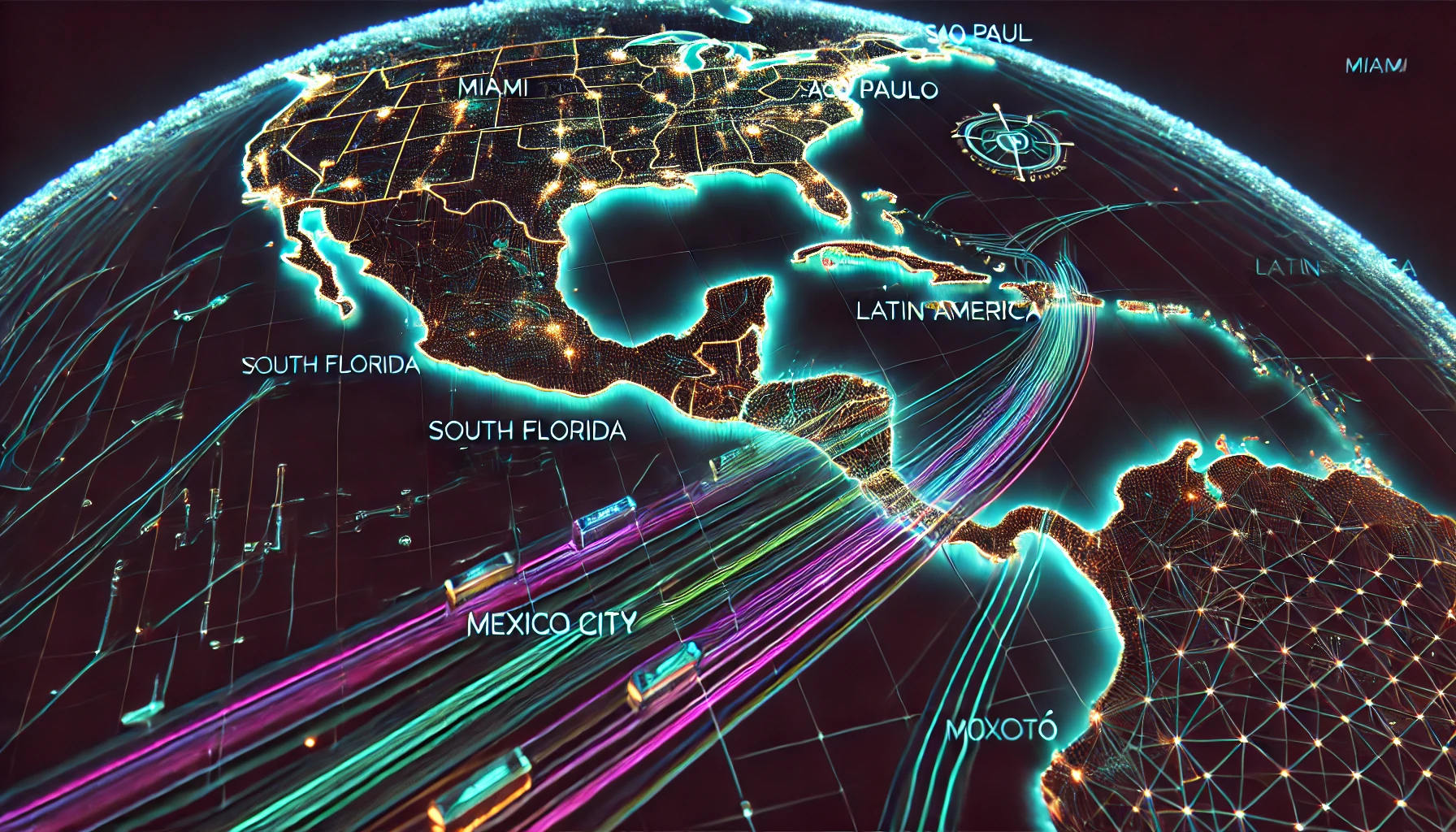 3D neon wireframe map showing capital flow between Miami, São Paulo, Mexico City, and Bogotá with glowing blue, magenta, and green data streams and a central gold signal icon