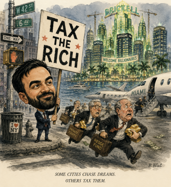 Satirical mid-century New Yorker style cartoon of Zohran Mamdani holding a giant “Tax The Rich” sign on a Manhattan street corner while wealthy billionaires carrying gold bars and briefcases run toward airplanes labeled Miami, with a glowing Brickell skyline in the background.