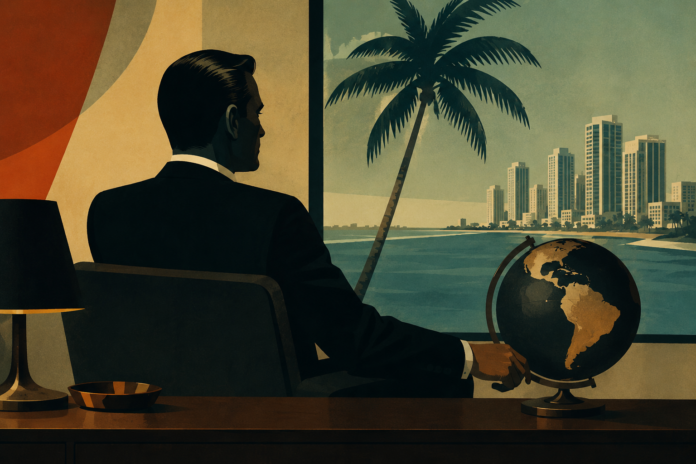 Private banking executive in mid-century modern office overlooking coastal city, symbolic of global capital flows and institutional finance strategy.