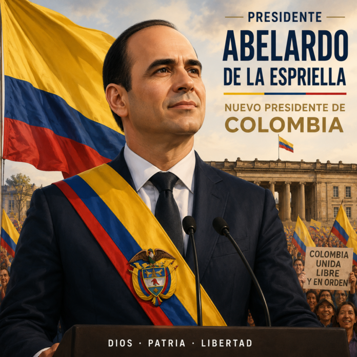 Editorial illustration of Abelardo De La Espriella standing at a presidential podium in Colombia, wearing a ceremonial sash with Colombian flags and supporters in the background.