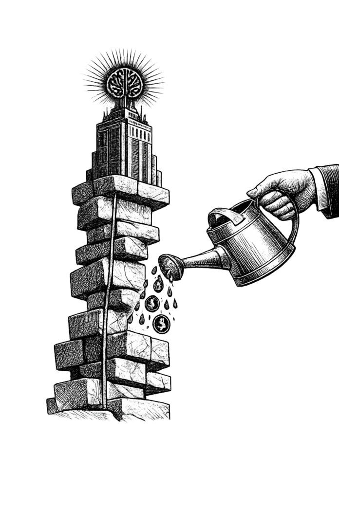 Editorial engraving of a precarious AI infrastructure tower symbolizing institutional capital dependent on financing.