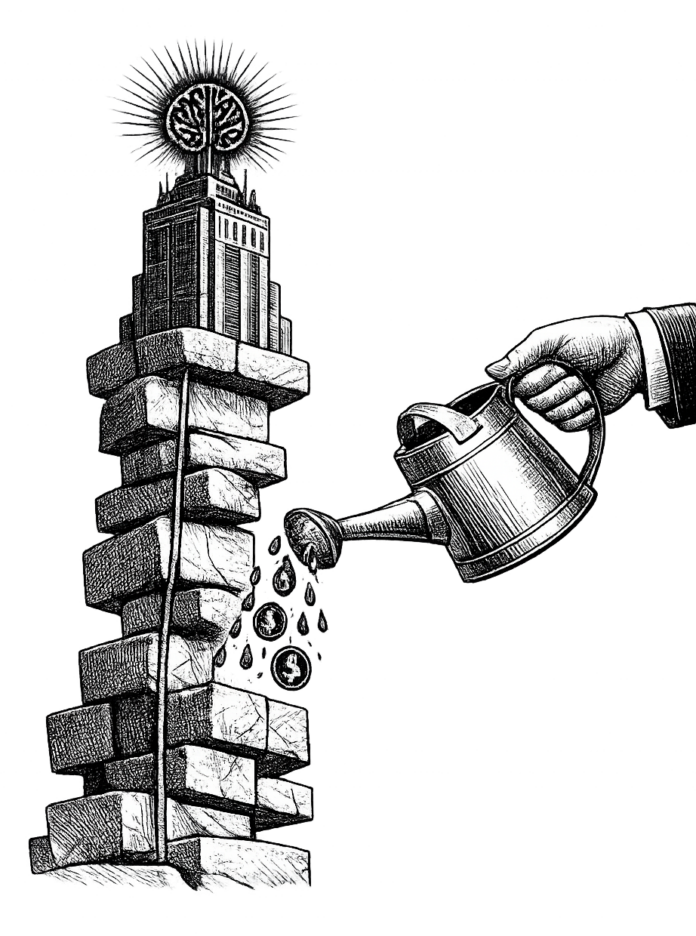 Editorial engraving of a precarious AI infrastructure tower symbolizing institutional capital dependent on financing.