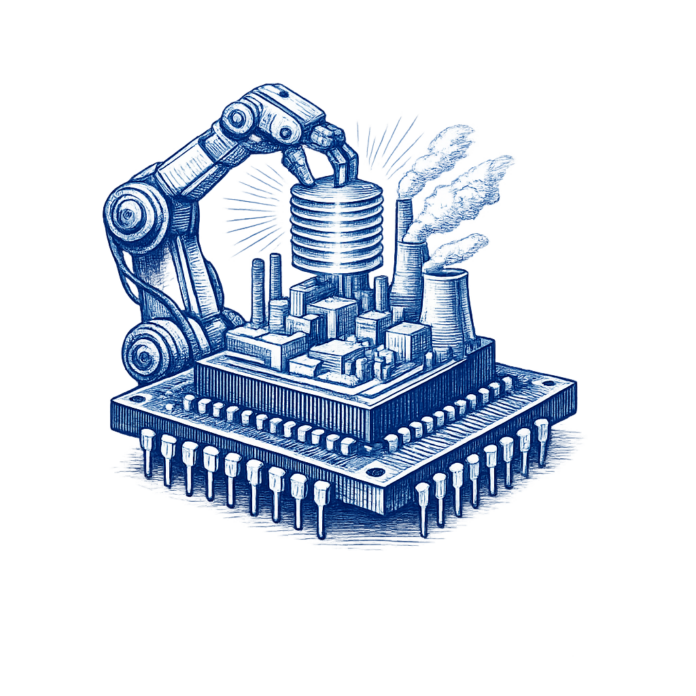 Editorial blue ink engraving of a semiconductor memory chip symbolizing institutional capital shifting toward AI infrastructure and semiconductor supply chains.