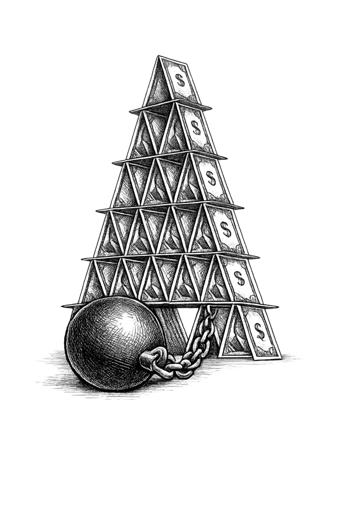 Editorial engraving of a fragile debt-supported financial structure symbolizing the BIS warning about systemic risk in global capital markets.