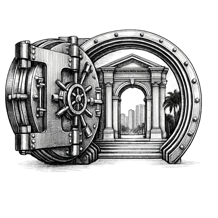 Editorial engraving of an open vault revealing a classical gateway representing integrated family office infrastructure supporting cross-border wealth in Miami.