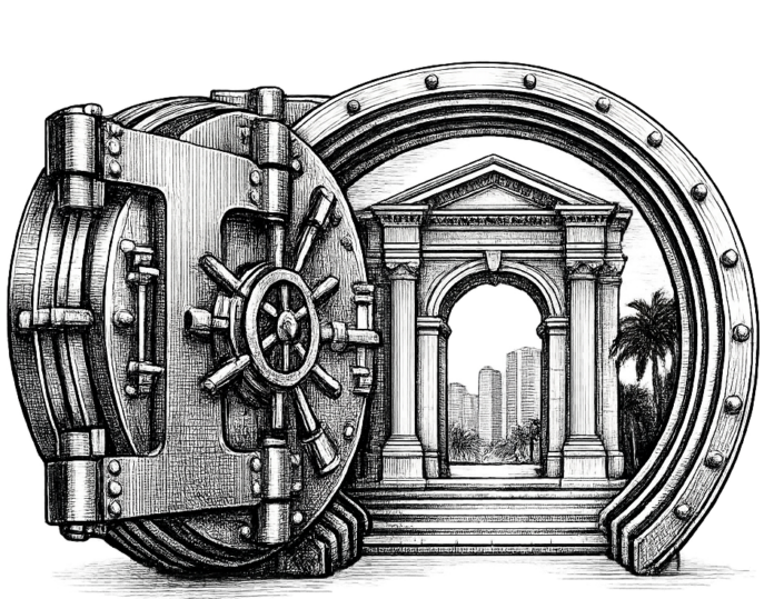 Editorial engraving of an open vault revealing a classical gateway representing integrated family office infrastructure supporting cross-border wealth in Miami.