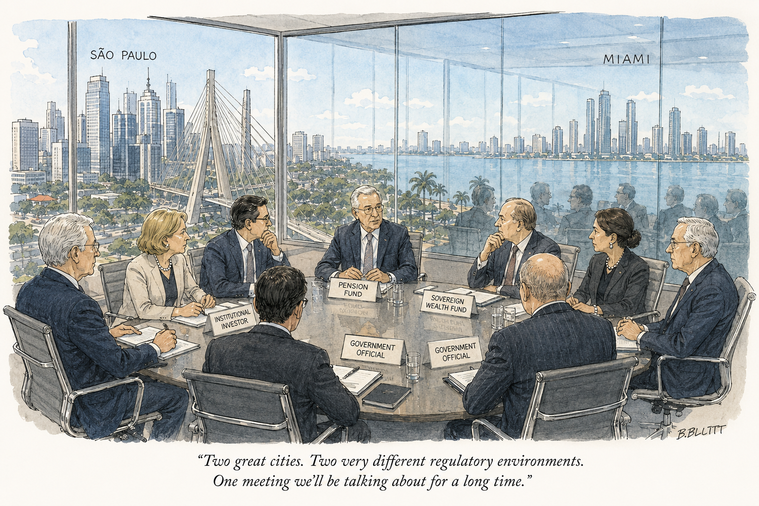 Institutional investors and executives discussing cross-border industrial investment between Brazil and international capital markets.