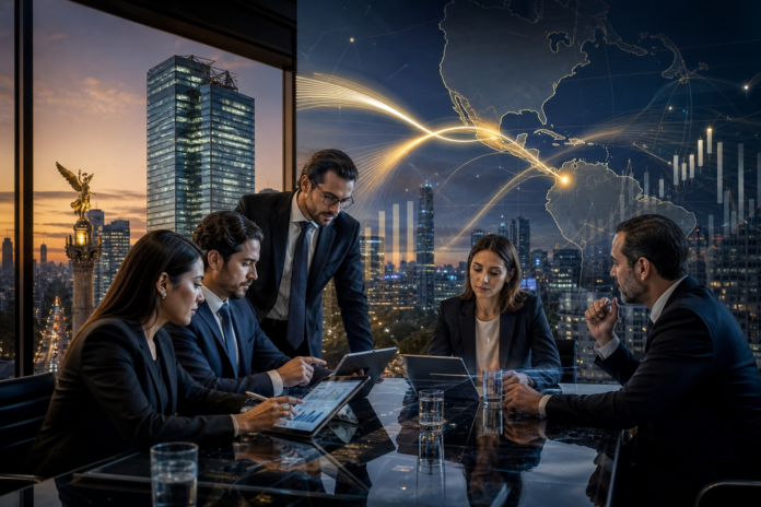 Business team meeting in a high-rise office with a digital map of the Americas and data graphics in the background