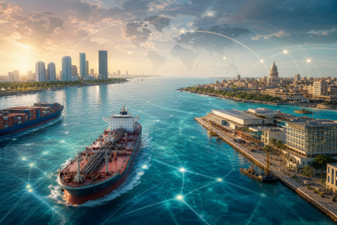 Cargo ships in a harbor with a city skyline and network connections overlaid across the sky and water