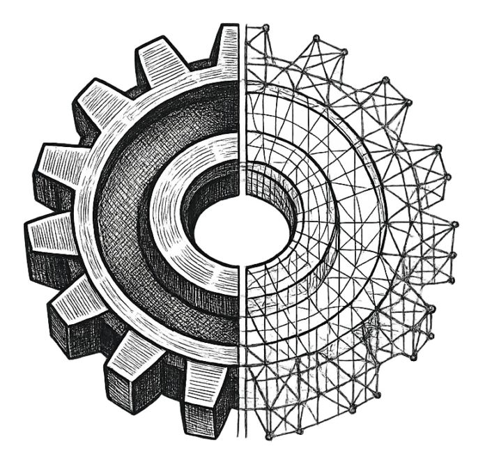 Digital Twin Editorial Engraving Representing Enterprise Productivity Investment