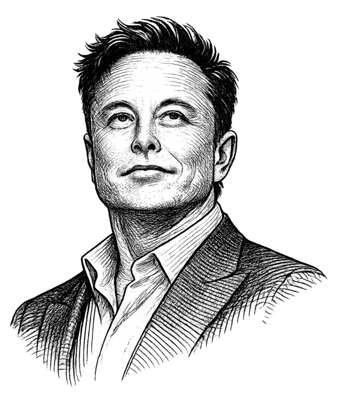Black and white sketch portrait of Elon Musk illustrating founder-dominated capital allocation and ecosystem governance across Tesla, SpaceX, and xAI