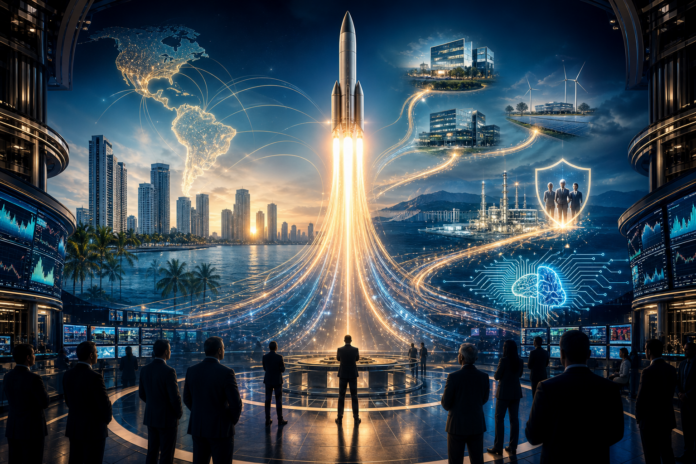 Futuristic business leaders watch a rocket launch connect a global network of cities, industry, and AI systems