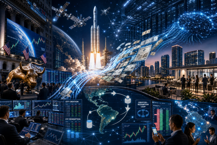 Global finance and ETF trading network linking markets, space launch, and digital money flow