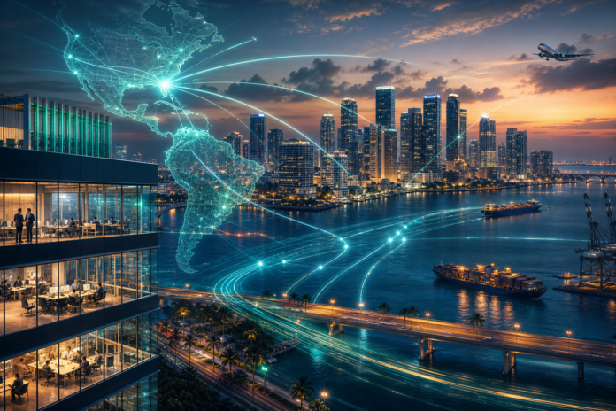 Global logistics network connecting the Americas over a coastal city skyline at sunset