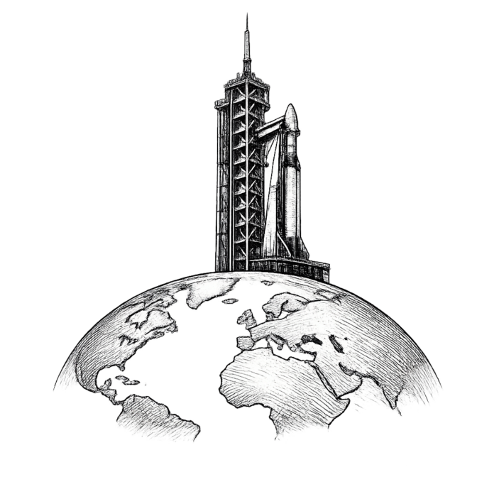 Fine pen-and-ink editorial engraving of a single orbital launch tower rising above a minimalist globe, symbolizing institutional capital assigning premium value to strategic infrastructure assets.
