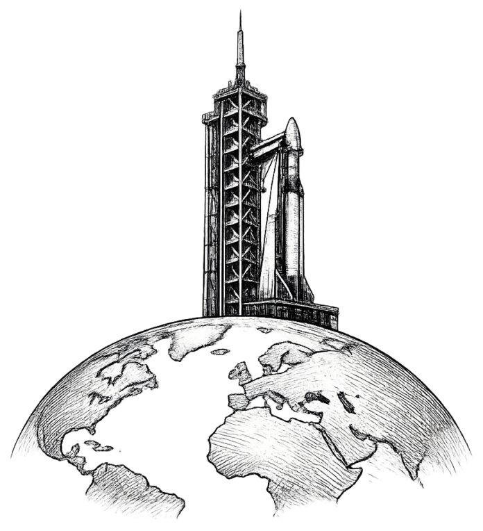 Fine pen-and-ink editorial engraving of a single orbital launch tower rising above a minimalist globe, symbolizing institutional capital assigning premium value to strategic infrastructure assets.