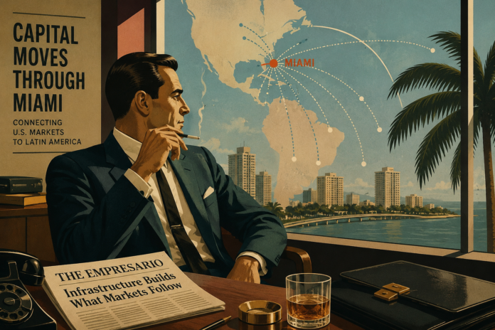 Editorial illustration of a mid-century executive overlooking the Miami skyline as capital flow routes connect Miami to Latin America, symbolizing cross-border payment infrastructure and financial network expansion.