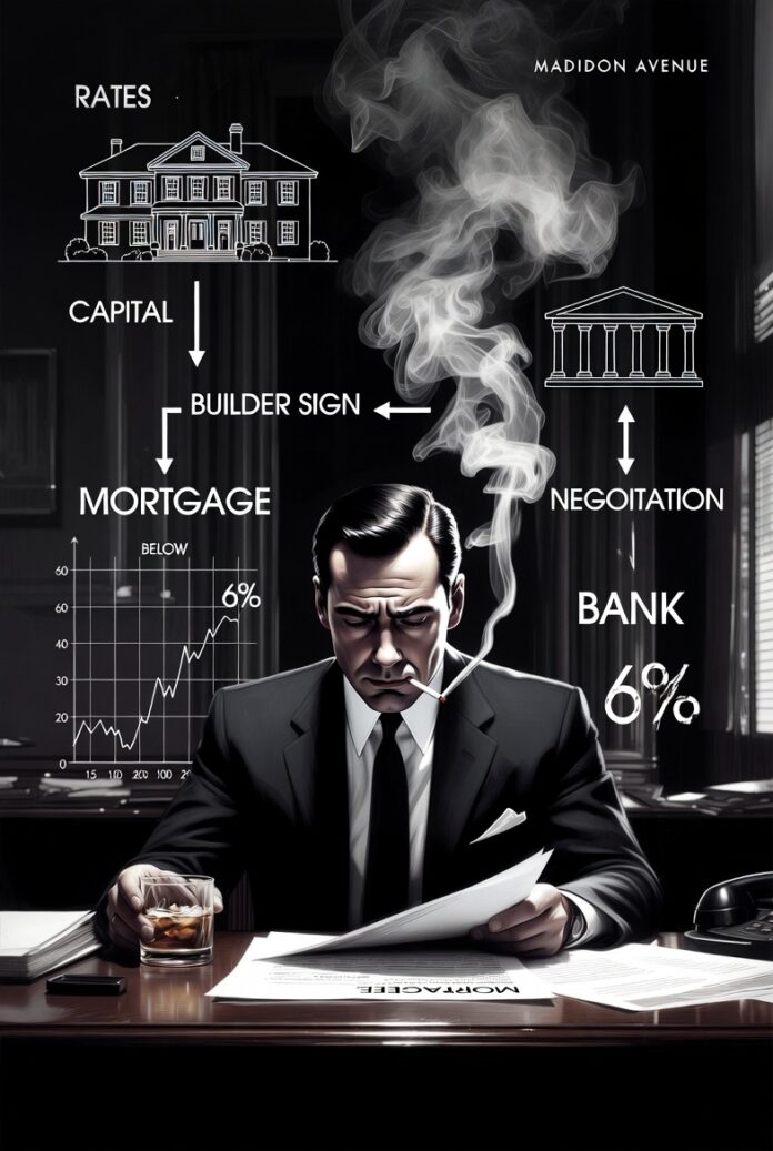 Black and white editorial illustration depicting a sharp-suited executive strategically negotiating mortgage rates under 6% in 2026, surrounded by documents, charts, and symbols of builder incentives and loan assumptions in a classic 1960s boardroom.