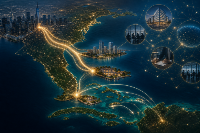 Networked map of Florida and the Caribbean with glowing connections between major cities and business hubs