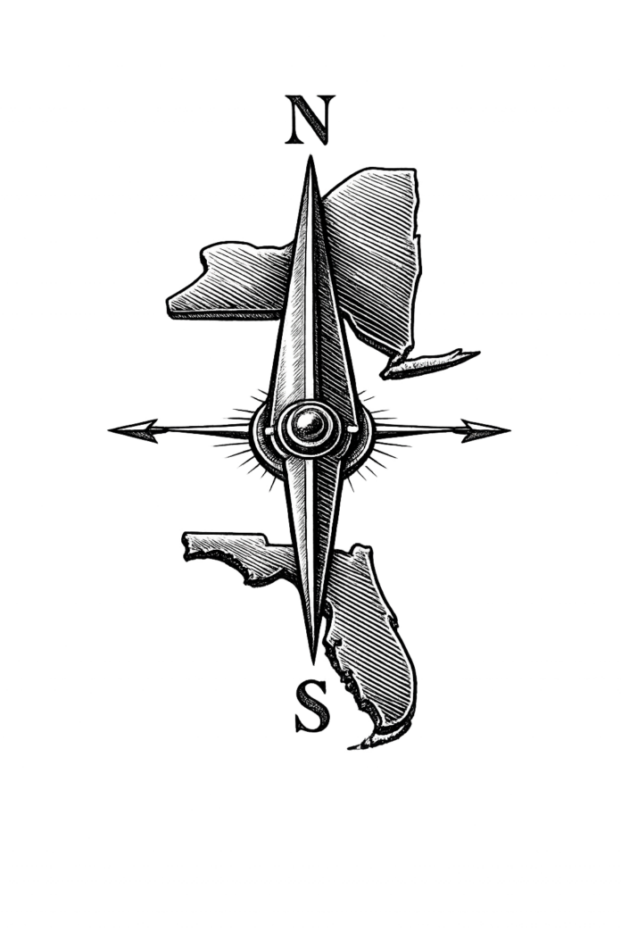 Editorial engraving symbolizing New York family office migration to Florida and the shift of institutional private capital into South Florida.
