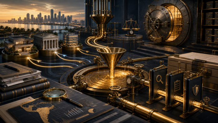 Stylized financial pipeline transferring wealth from city buildings into a vault and ledger system