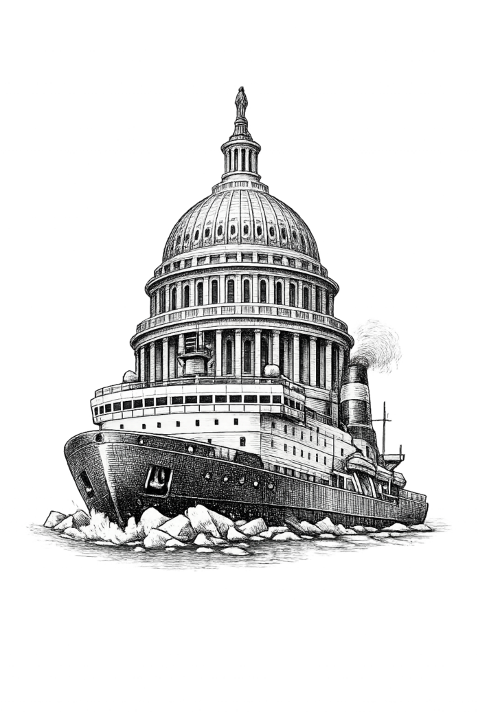 Editorial engraving of an icebreaker ship merging with the U.S. Capitol dome, symbolizing America's reliance on Finnish shipbuilding expertise to rebuild strategic maritime capacity.