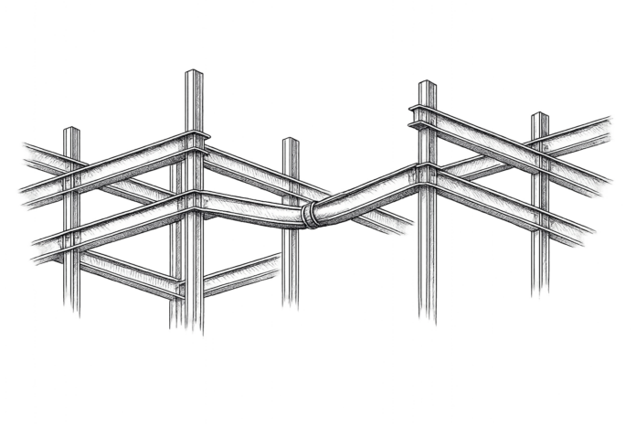 Monochromatic vintage engraving showing architectural truss framework under subtle tension, representing the structural stress on North American supply chains during the 2026 USMCA joint review.