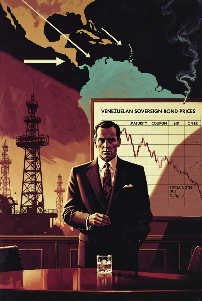 Editorial illustration showing a suited executive analyzing plunging Venezuelan sovereign and PDVSA bond prices ahead of a major debt assessment, with oil derricks and capital flow arrows pointing toward Miami, symbolizing institutional de-risking in the LATAM corridor.
