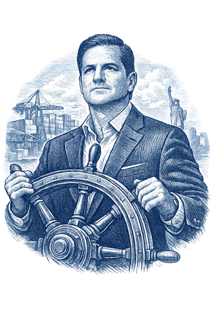 Blue monochromatic editorial engraving of Santiago Botero portrayed as the dominant symbolic figure guiding institutional expansion following the RPM Food acquisition in the United States.