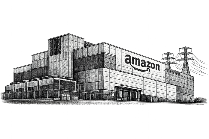 Exterior view of an Amazon Web Services (AWS) data center facility, illustrating the physical infrastructure underlying the company's capital expenditure for artificial intelligence development.