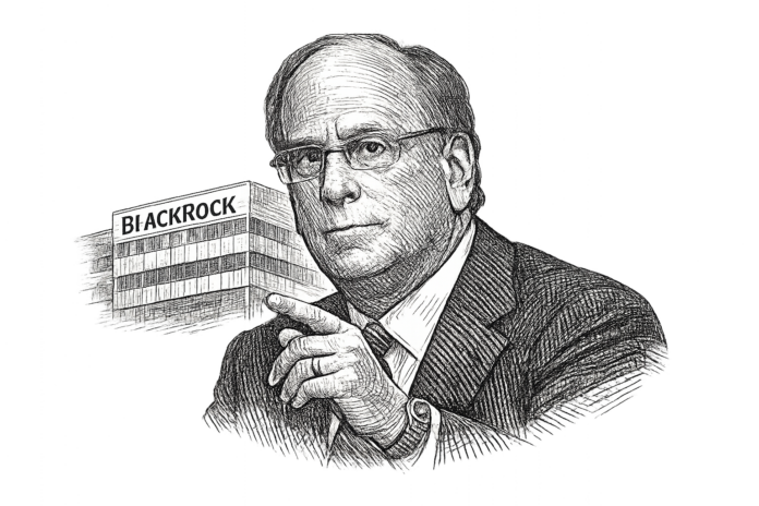 BlackRock Chief Executive Officer Larry Fink speaking at an institutional corporate event in a professional editorial portrait.