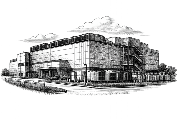 Vintage editorial illustration of a Digital Realty data center facility in Northern Virginia associated with its acquisition of Blackstone's ownership stake.