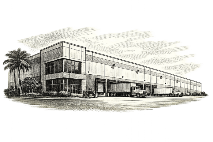 Doral industrial property occupancy showing a fully leased industrial warehouse facility in Doral, Florida with loading docks and logistics trucks