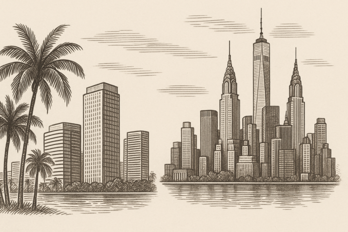 Downtown Miami skyline along Biscayne Bay showing high-rise residential and office towers