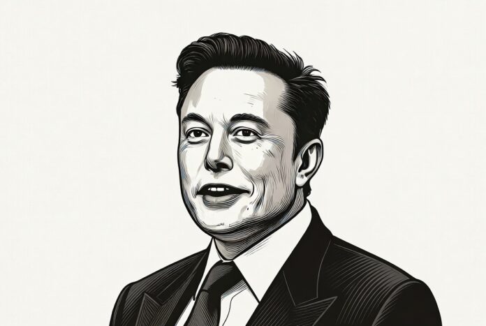 Elon Musk speaking at a corporate podium during a press briefing regarding the historic $75 billion SpaceX IPO on the Nasdaq exchange.