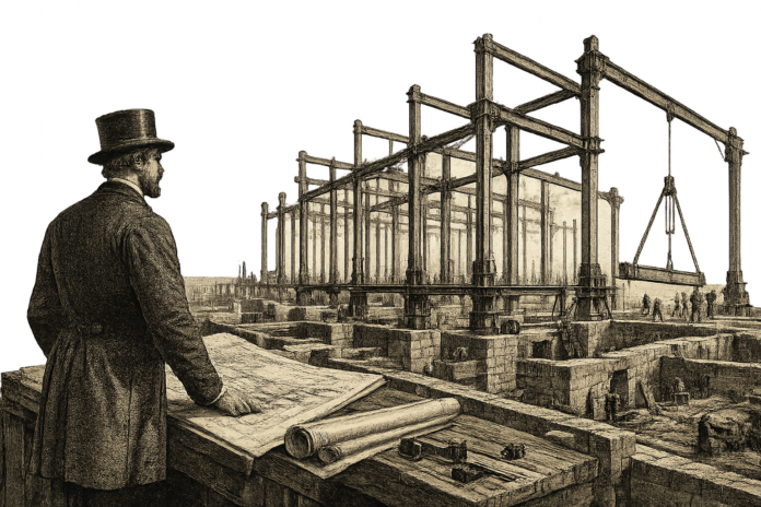 Engineer overseeing the construction of a massive industrial framework, symbolizing institutional investment in enterprise AI implementation infrastructure.