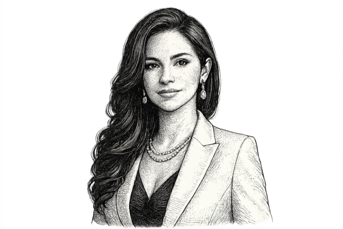 Erika Barreto sits confidently in a modern Bogotá office, representing institutional leadership.