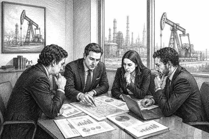 Family office investors reviewing oil sector investment opportunities during a private capital allocation meeting