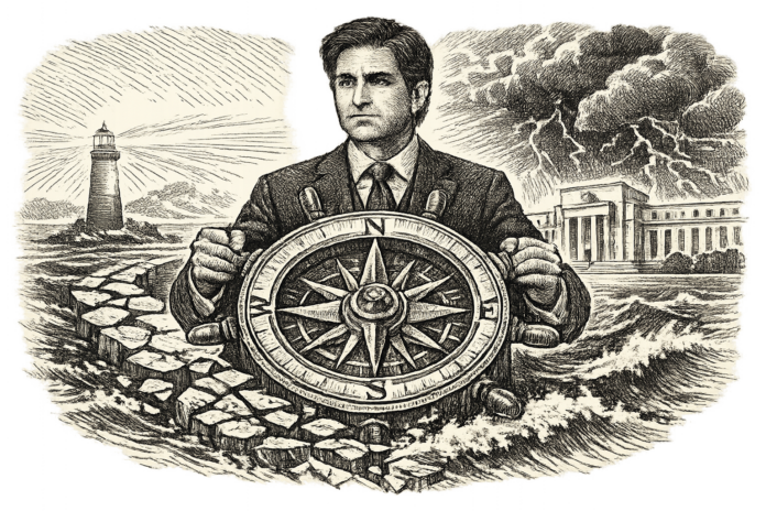 Engraved illustration of Kevin Warsh holding a ship's wheel as a symbol of the Federal Reserve's shift away from forward guidance and toward data-dependent monetary policy.