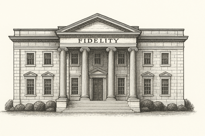 Exterior view of Fidelity Investments headquarters showing corporate signage at the main entrance and building facade.